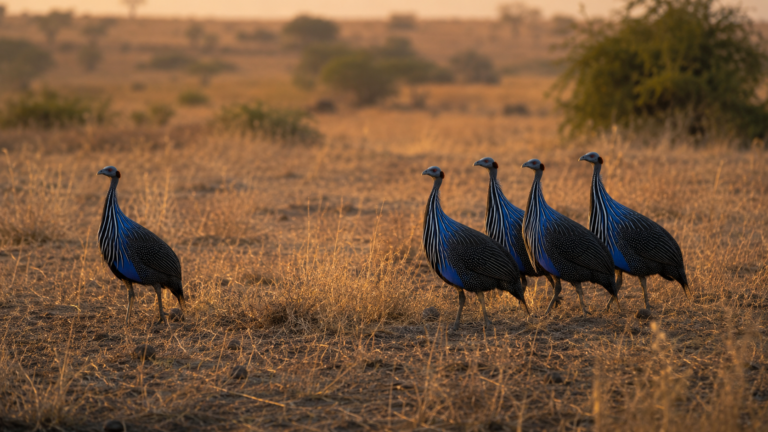 Groupe de pintades vulturines dans la savane, une au premier plan legerement isolee du reste