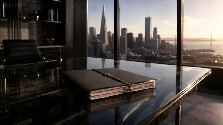 Dossier financier anonyme devant une skyline de San Francisco floue