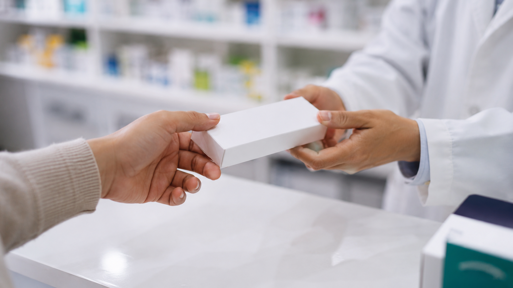 Mains echangeant une boite de medicament au comptoir d'une pharmacie