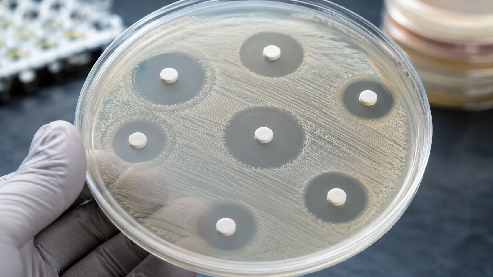 Boite de Petri avec culture bacterienne et pastilles d'antibiotiques