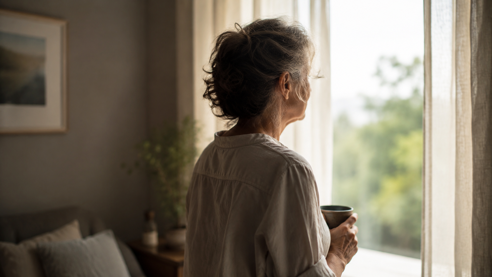 Femme d'une cinquantaine d'années près d'une fenêtre, lumière douce