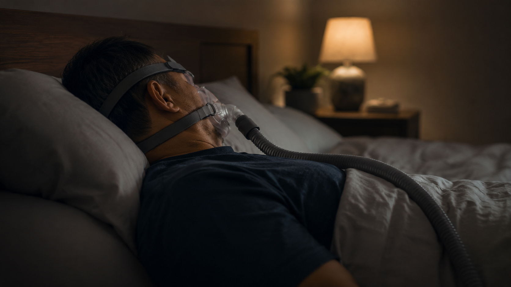 Personne portant un masque de pression positive continue (PPC) pendant le sommeil