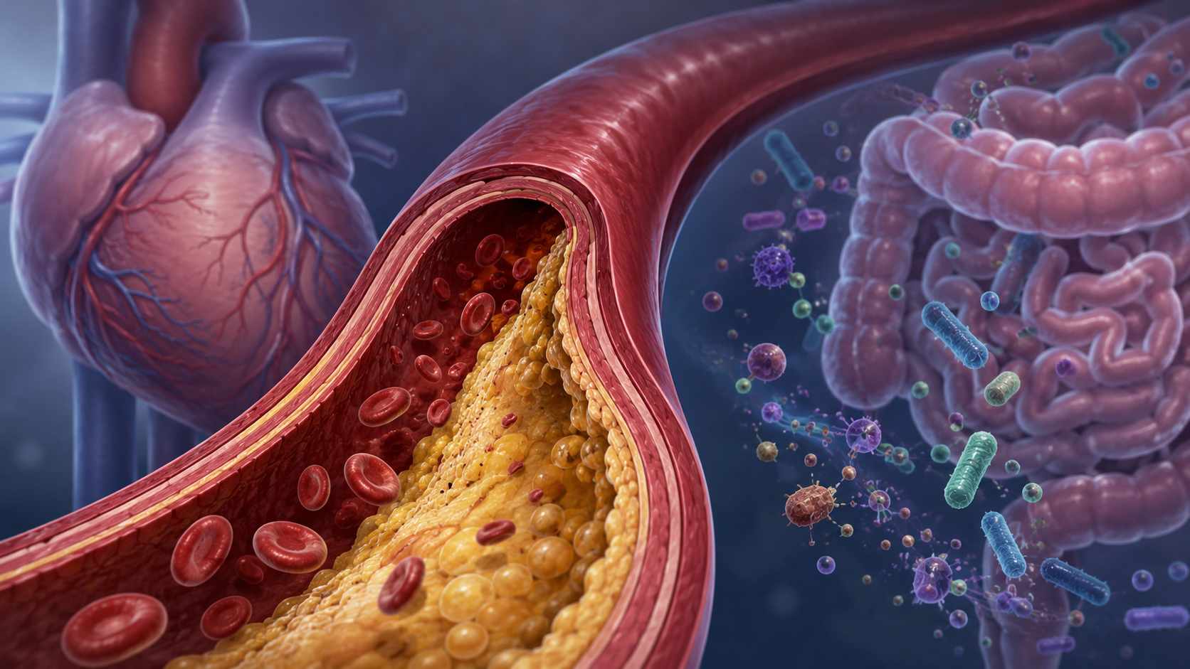 Illustration médicale d'une artère avec dépôt de plaque et représentation du microbiote intestinal