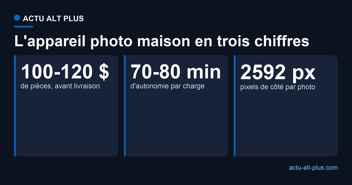 Trois chiffres clés de l'Optocam Zero : 100 à 120 dollars de pièces, 70 à 80 minutes d'autonomie, photos en 2592 pixels de côté