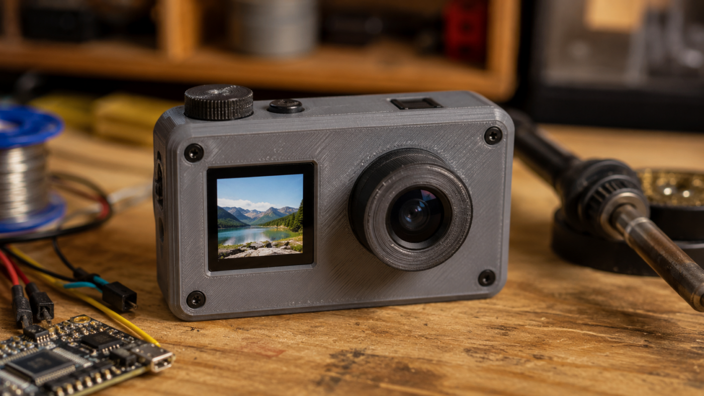 Petit appareil photo DIY à coque imprimée en 3D posé sur un établi parmi des outils d'électronique