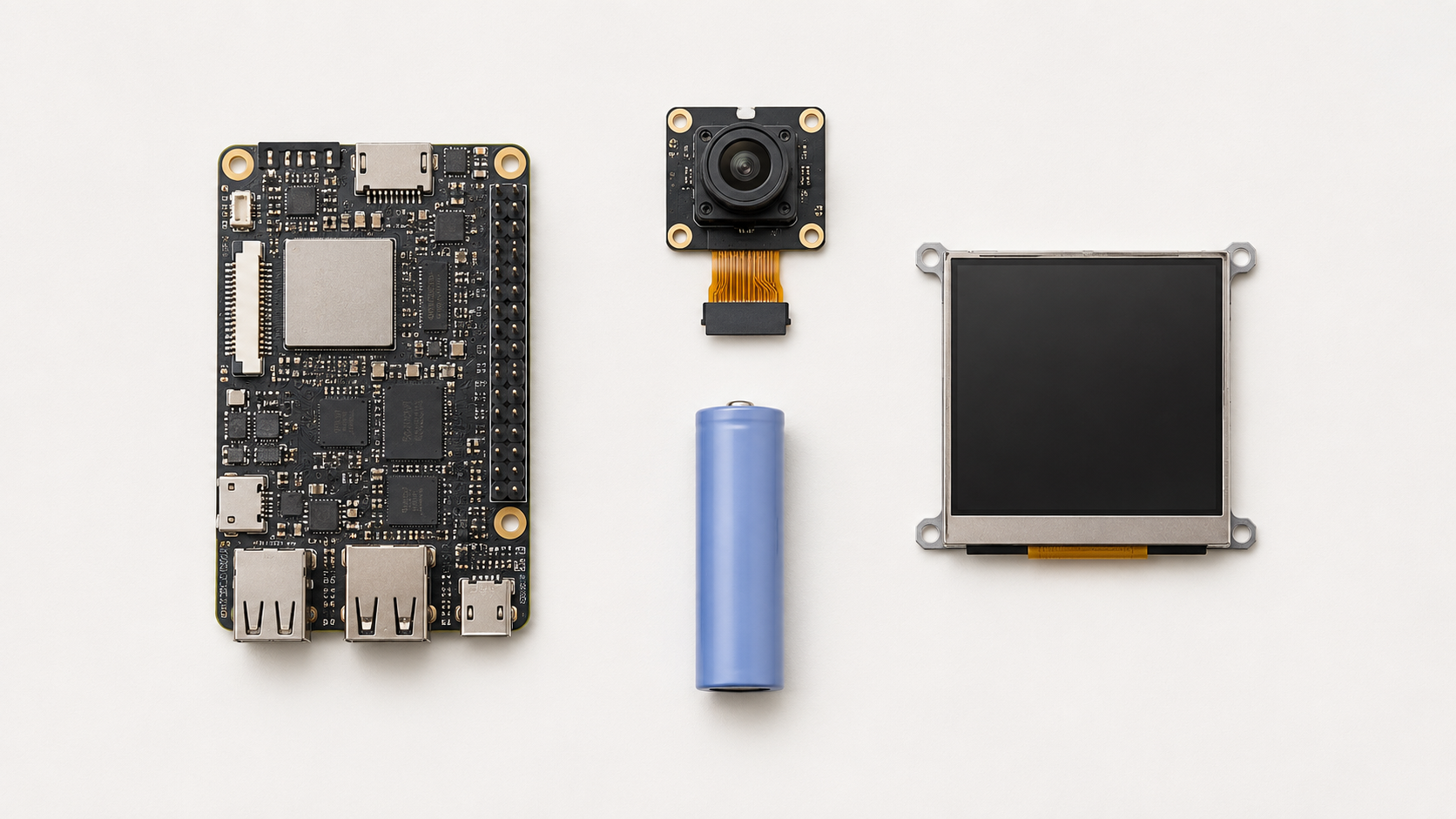 Carte Raspberry Pi miniature, module caméra, batterie et petit écran disposés à plat