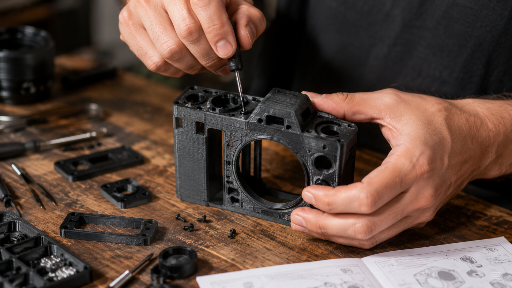 Deux mains assemblant une coque d'appareil photo imprimée en 3D avec un petit tournevis