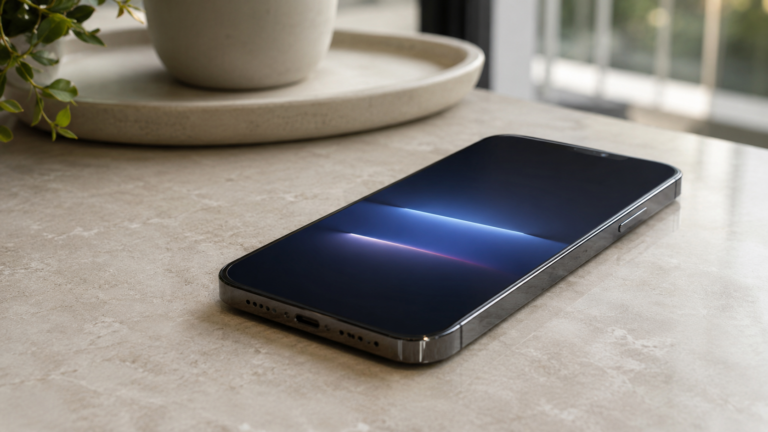 Personne tenant un iPhone affichant une notification d'accessibilité dans un salon moderne