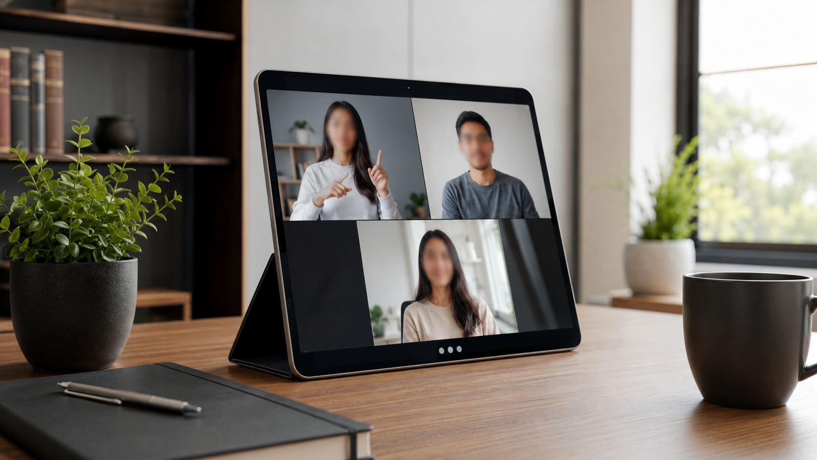 Tablette affichant un appel vidéo à trois participants incluant un interprète en langue des signes