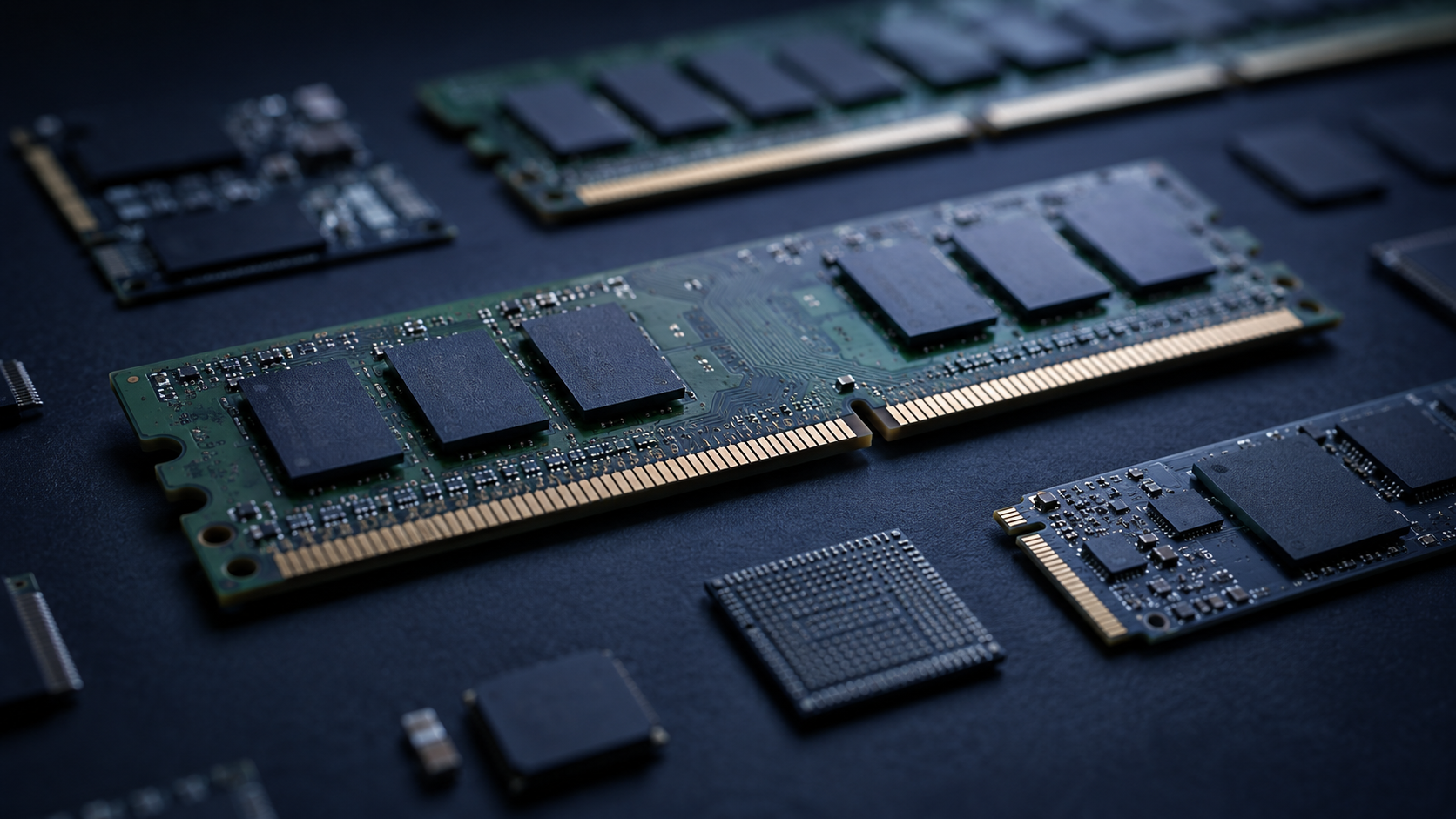 Gros plan de barrettes de memoire vive et de puces de stockage sur une surface sombre