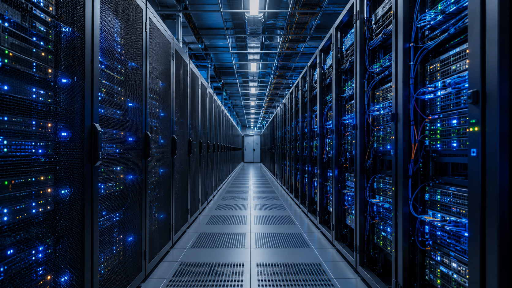 Rangees de baies de serveurs dans une salle de data center, voyants lumineux et cables