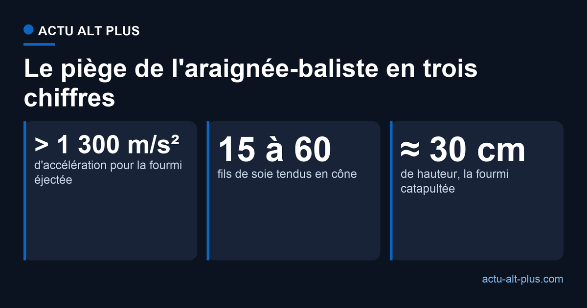 Trois chiffres clés du piège : accélération supérieure à 1 300 m/s², de 15 à 60 fils de soie, éjection à près de 30 cm
