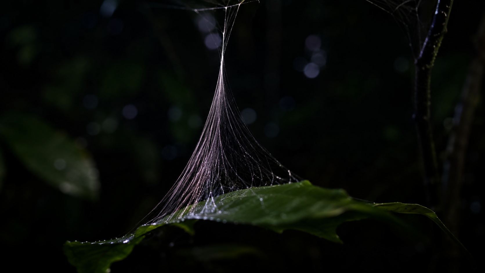 Gros plan d'un cône de fils de soie tendus entre une feuille et une toile dans la forêt sombre