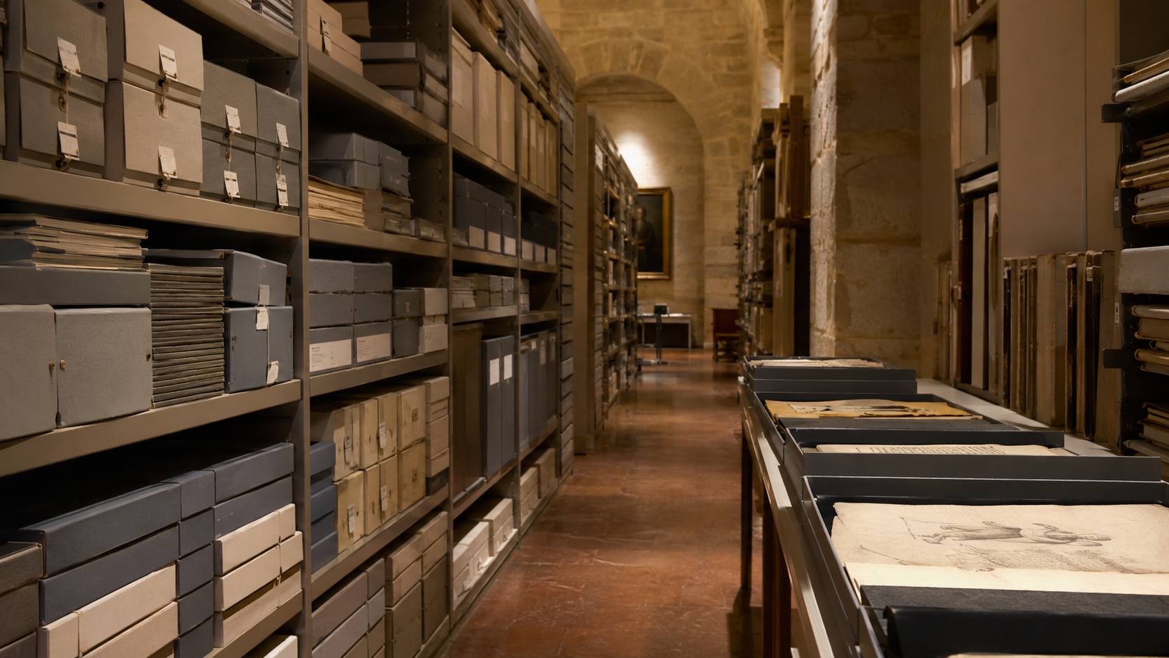 Reserve d'un musee de province francais avec boites d'archives et dossiers de manuscrits medievaux