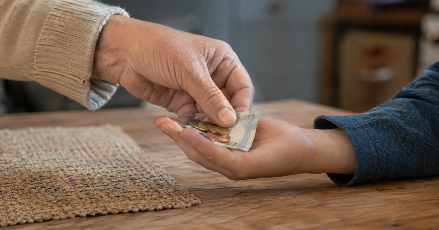 une main d'adulte dépose quelques pièces et un petit billet dans une main d'adolescent, table de cuisine