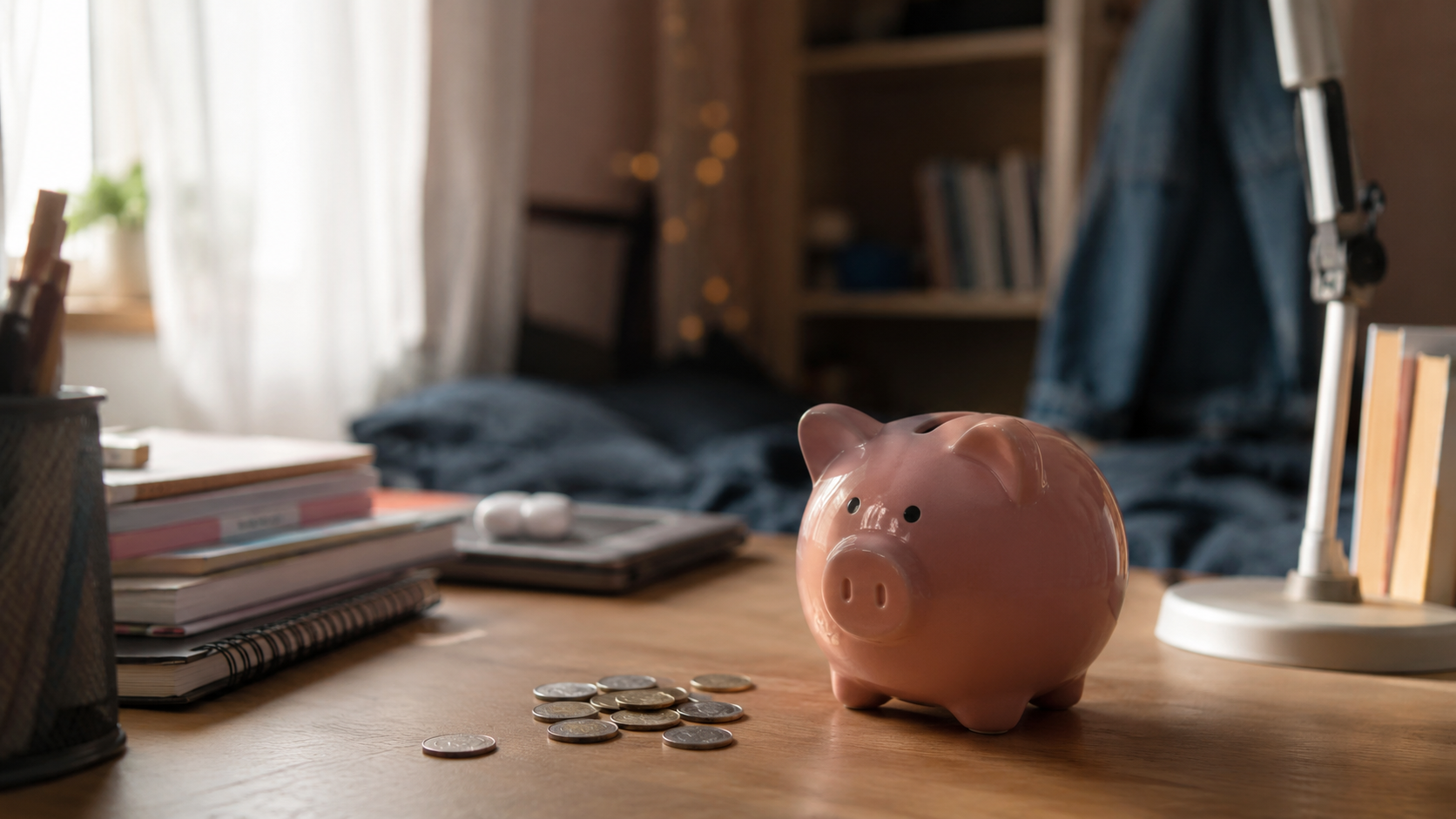 une tirelire et quelques pièces sur le bureau d'une chambre d'adolescent