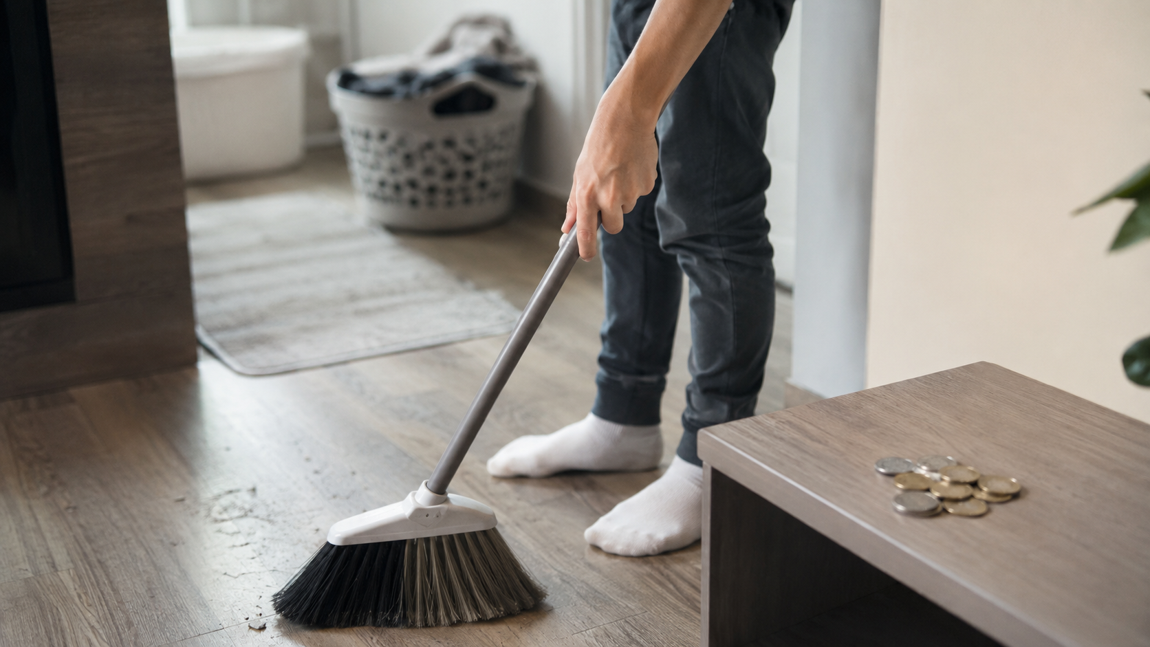 un balai et une main d'adolescent au milieu d'un rangement domestique, pièces posées à côté