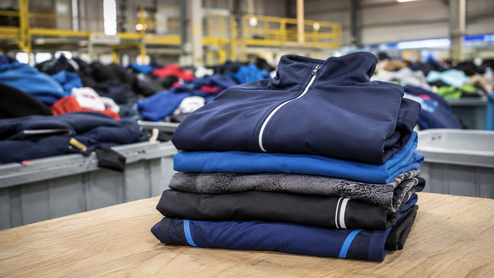 Une pile de vêtements de sport pliés dans un centre de tri textile