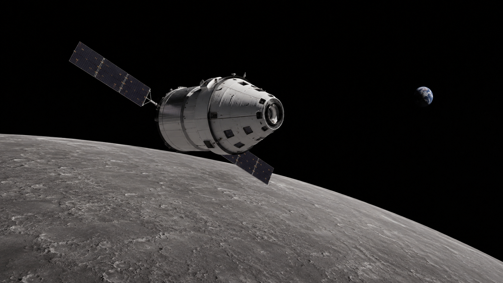 Un vaisseau spatial en orbite autour de la Lune, la Terre lointaine en arrière-plan