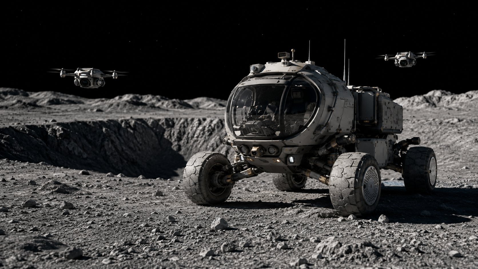 Un rover pressurisé et de petits drones sur un sol lunaire gris près d'un cratère