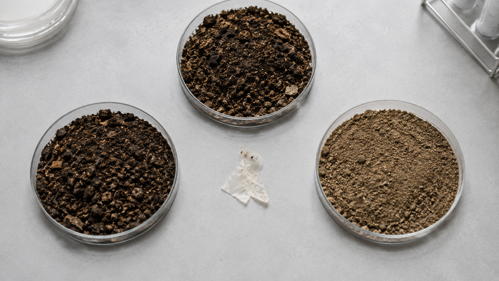 Trois échantillons de sol en boites de Petri montrant l'effet nettoyant d'un fragment de plastique biodégradable