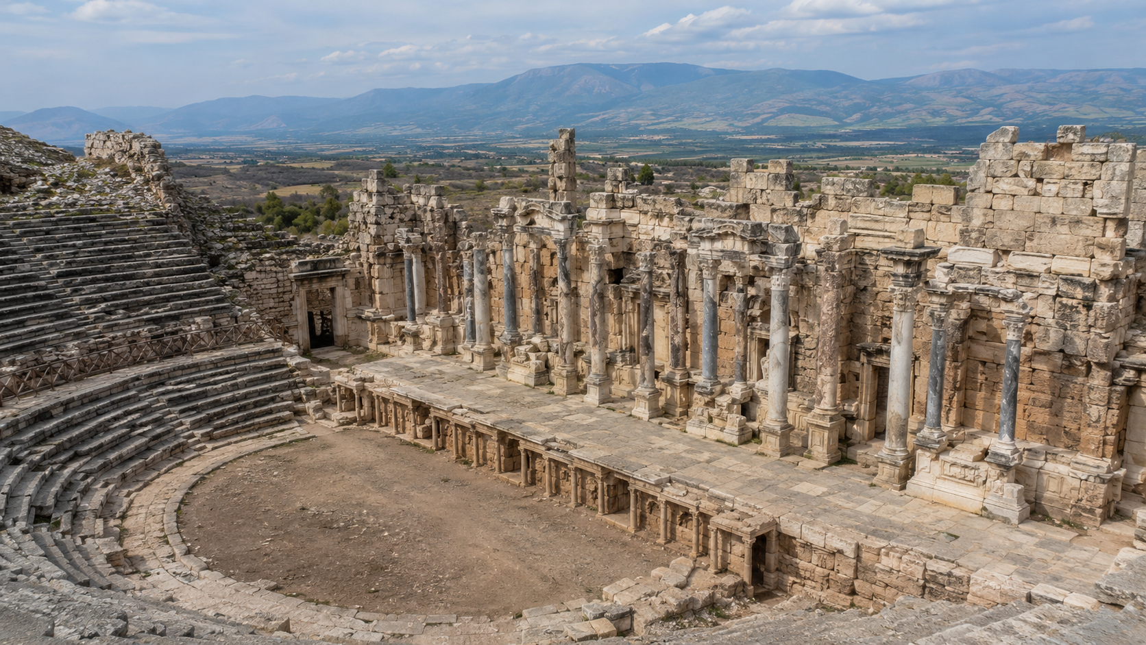 Ruines du bâtiment de scène d'un théâtre antique avec colonnes et blocs de pierre sculptés