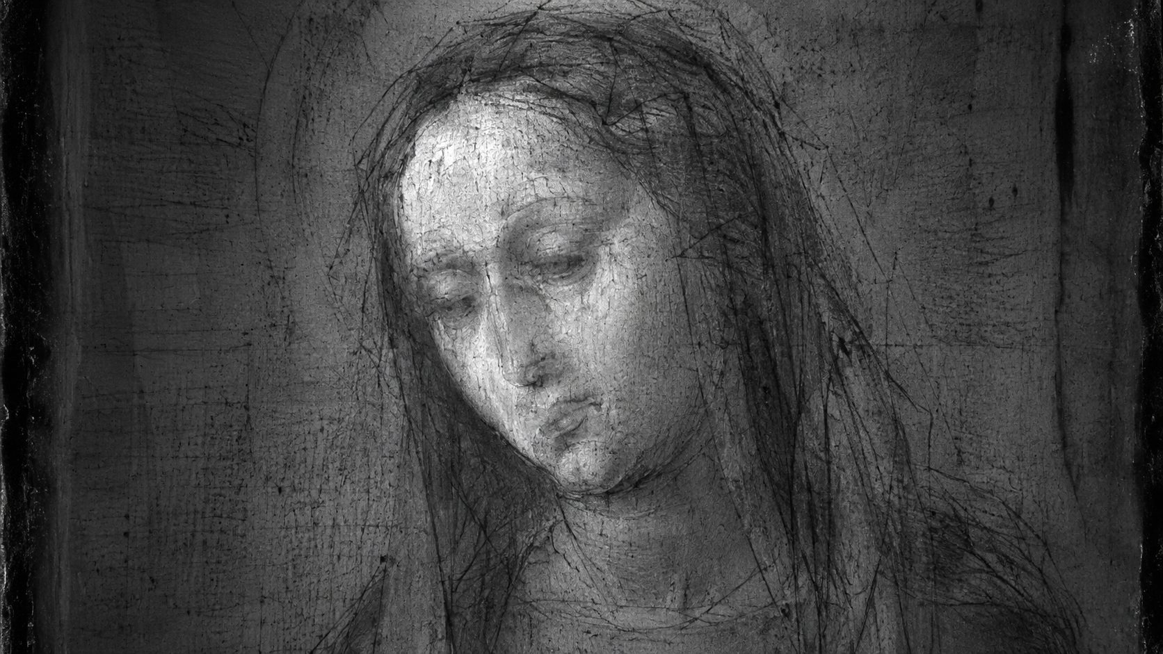 Image façon réflectographie révélant des traits d'esquisse sous la surface d'une peinture