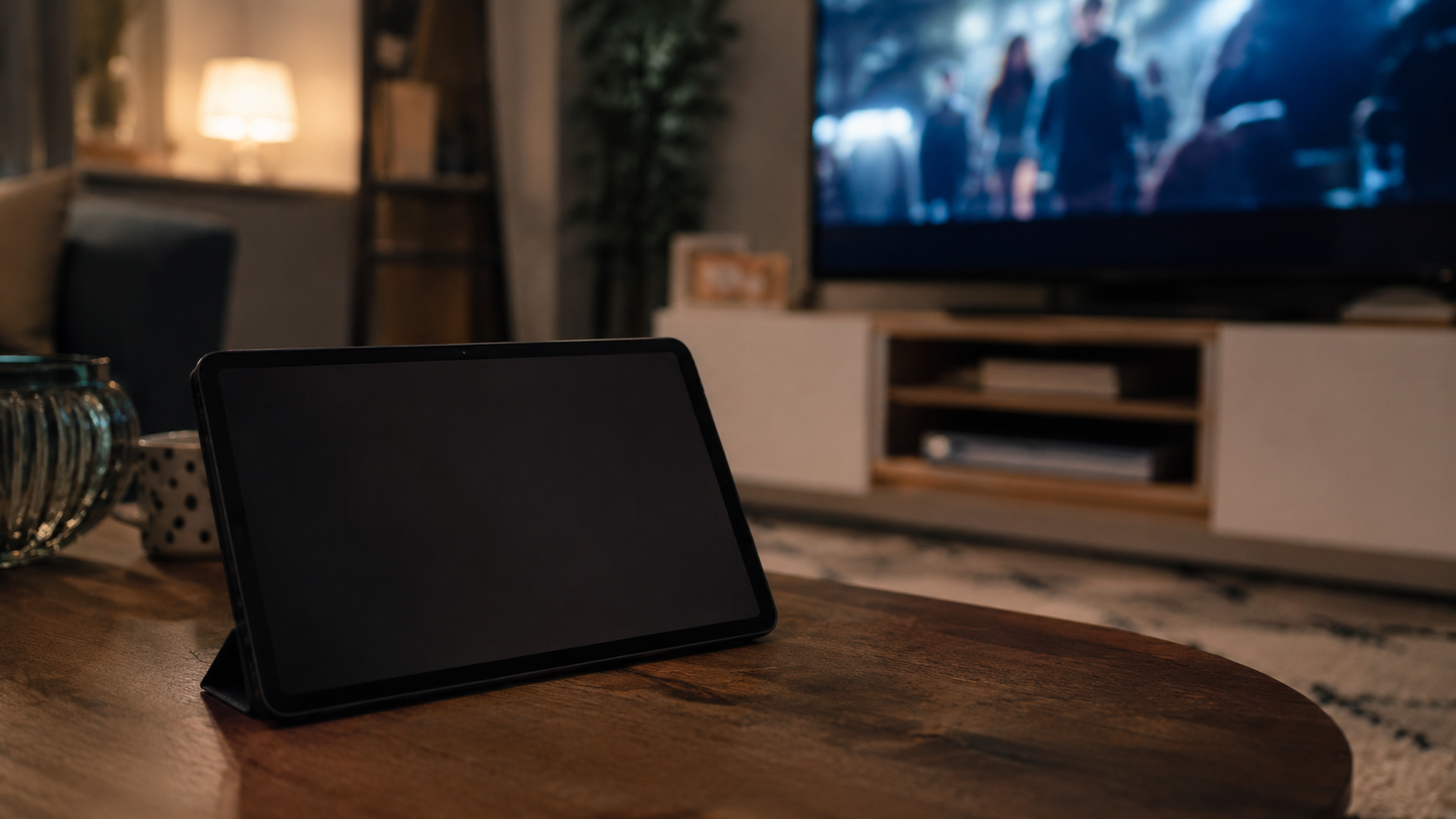 Tablette noire éteinte près d’un téléviseur flou, aucune interface lisible
