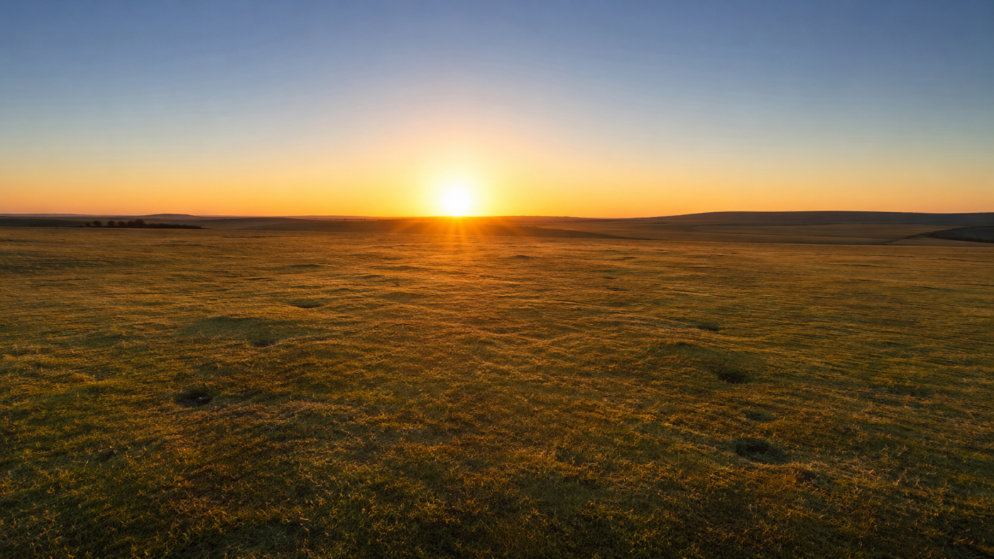 Une plaine ouverte du sud de l'Angleterre au lever du soleil au solstice