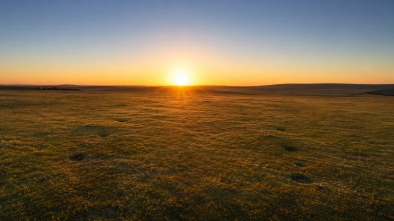 Une plaine ouverte du sud de l'Angleterre au lever du soleil au solstice