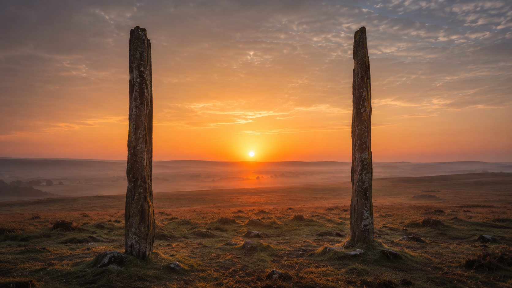Reconstitution de deux poteaux de bois alignés sur le soleil levant dans une plaine