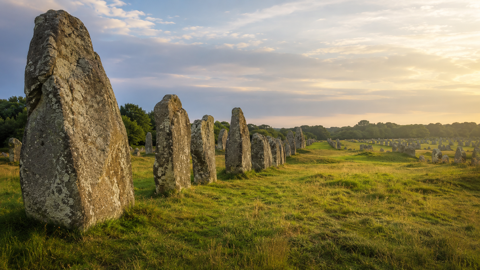 Une rangée de menhirs dans un paysage breton sous la lumière du matin