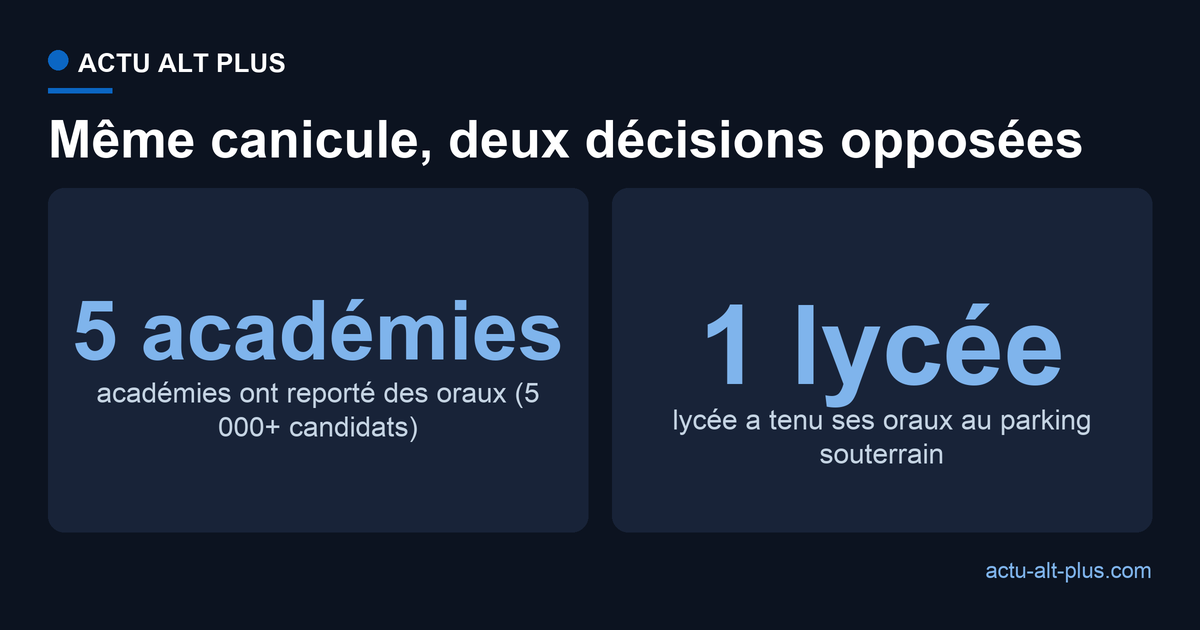 Face à la même canicule, cinq académies ont reporté des oraux du bac quand le lycée Eiffel de Rueil a tenu les siens dans un parking souterrain