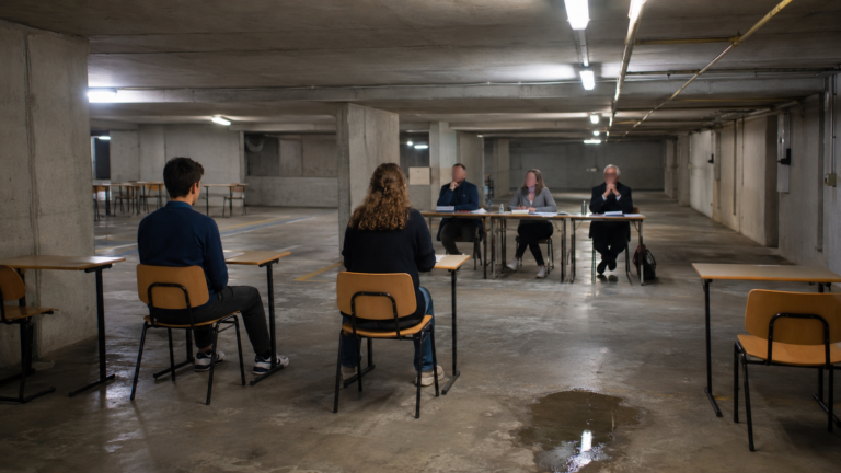 Des bureaux d'examen alignés dans un parking souterrain sous les néons, des lycéens de dos face à une table de jury