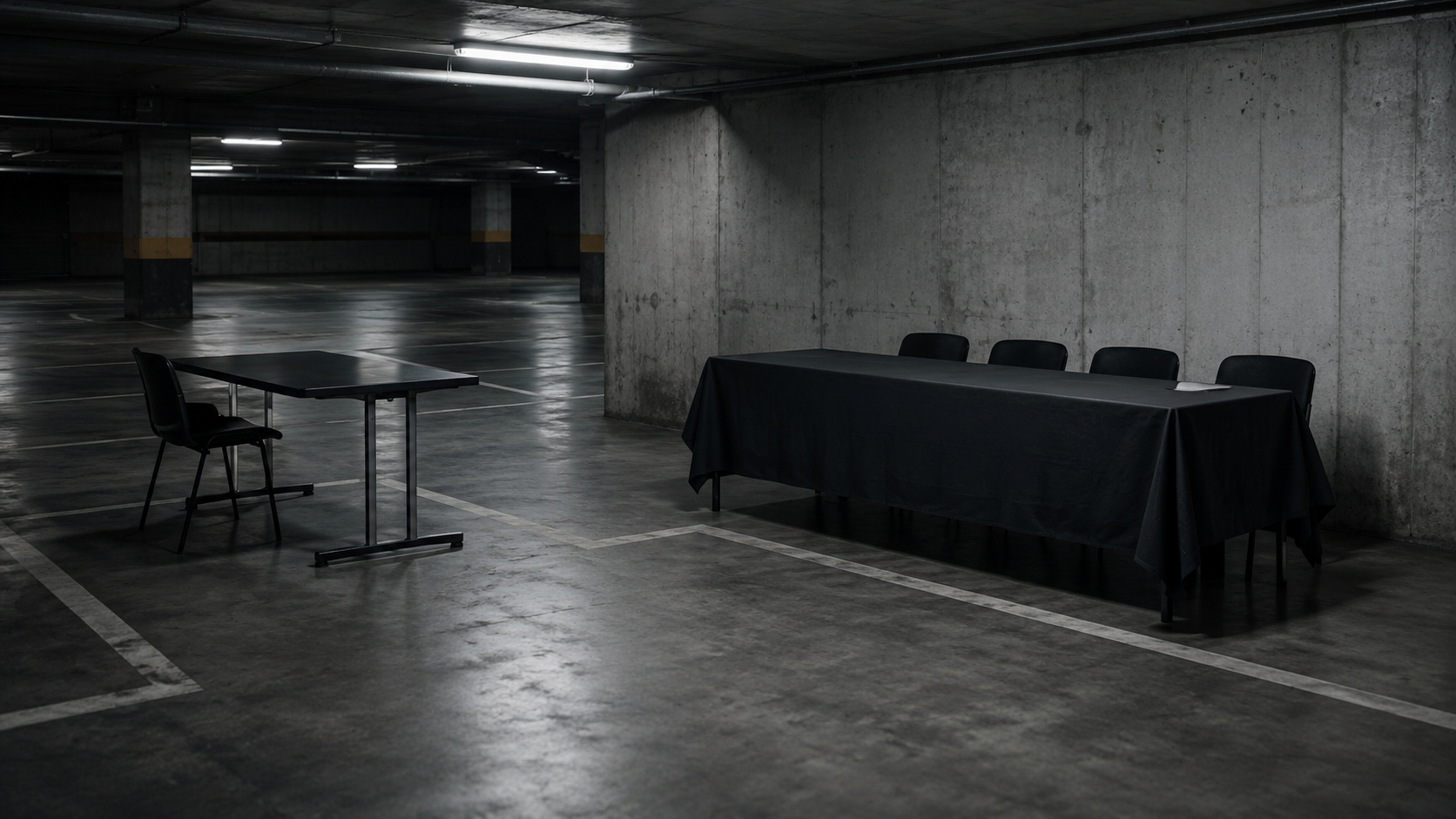 Un bureau de candidat face à une table de jury dans un parking souterrain en béton