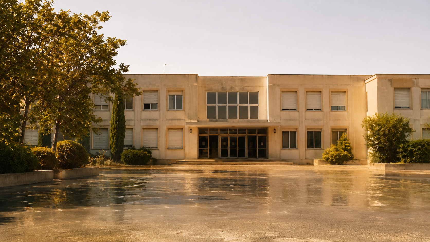 La façade d'un lycée français sous un soleil d'été écrasant, fenêtres fermées renvoyant la lumière