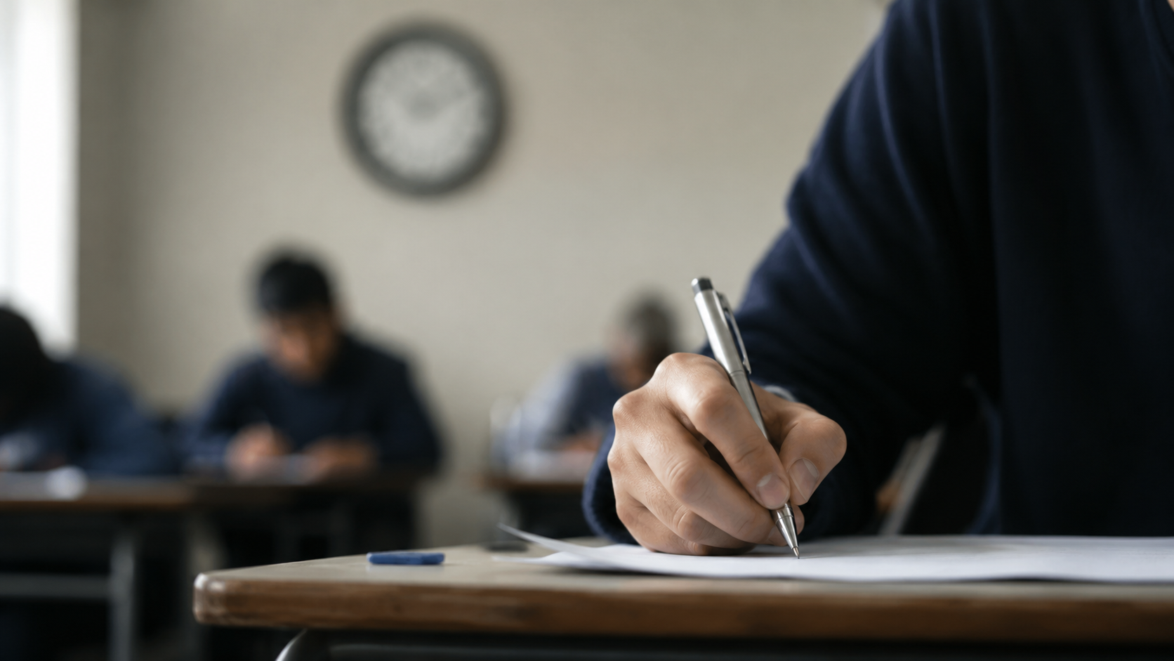 Main d'un lycéen écrivant sur une copie d'examen, horloge au mur