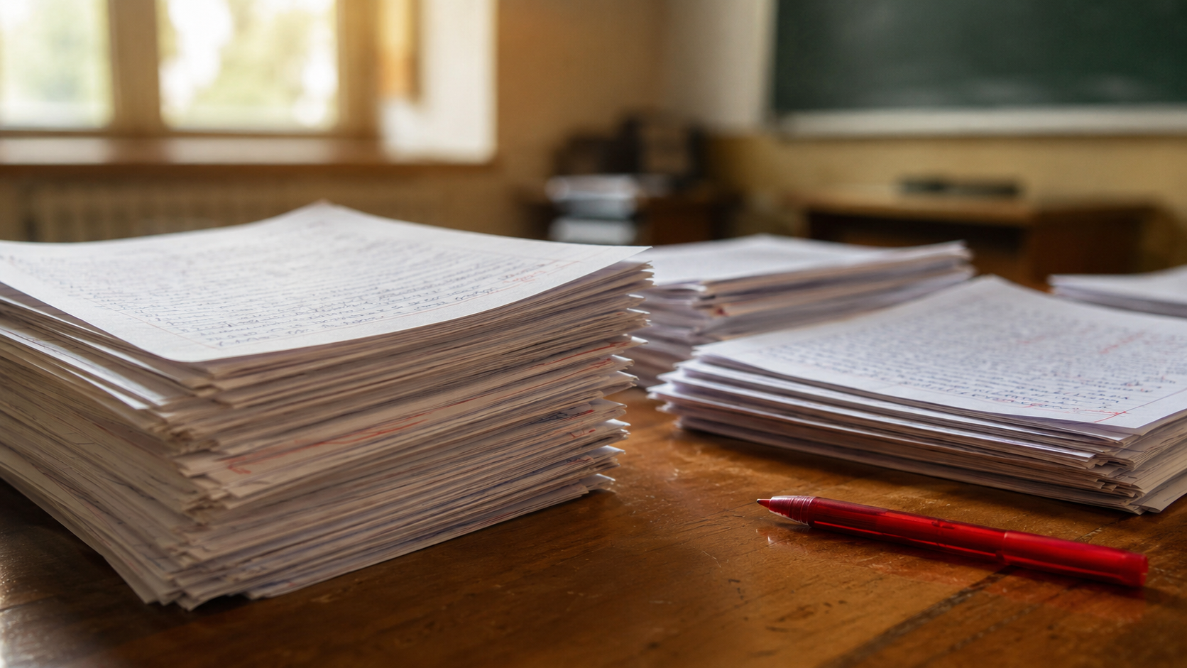 Piles de copies manuscrites empilées sur un bureau avec un stylo rouge