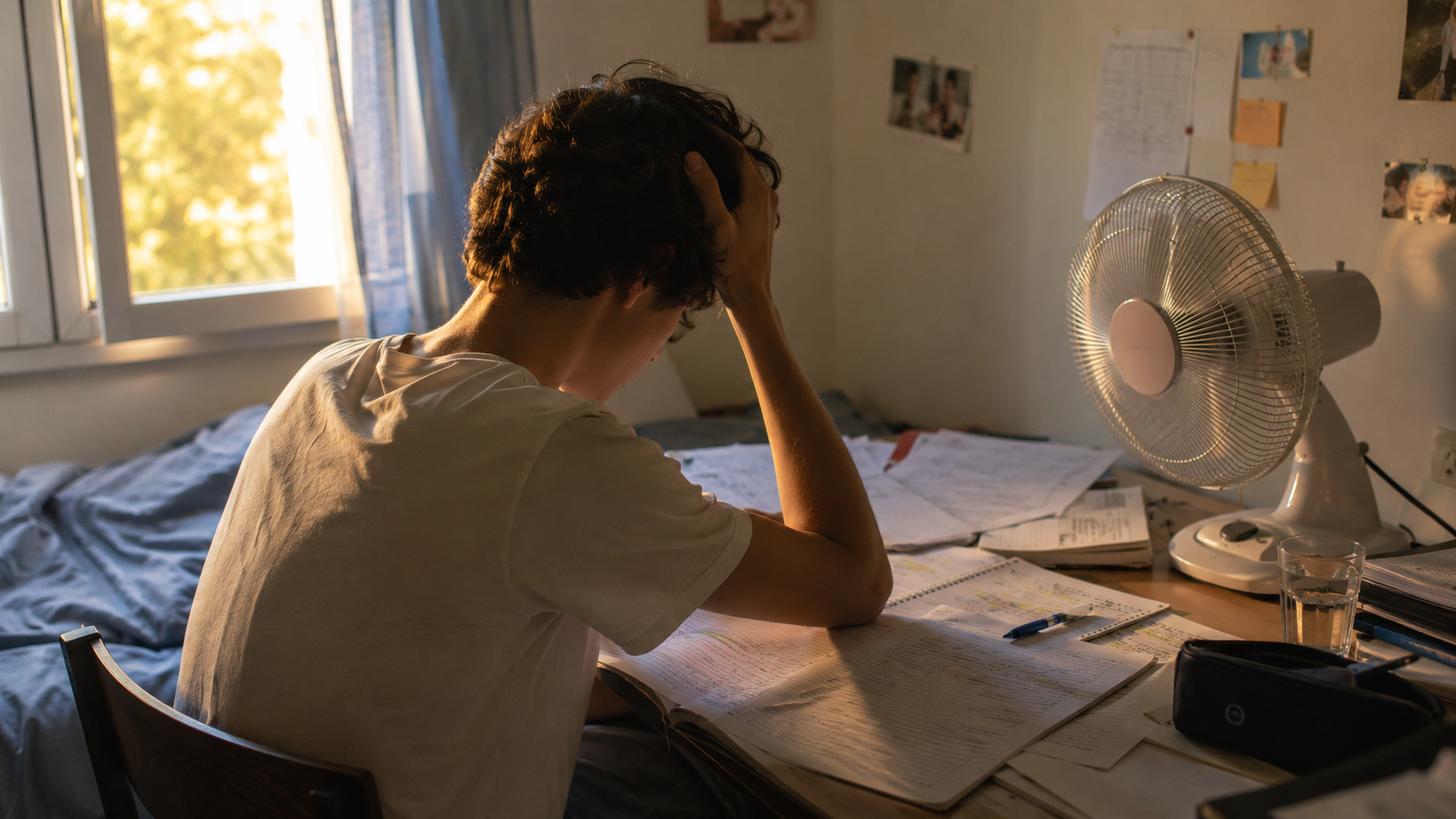 Un lycéen révise à son bureau dans une chambre surchauffée, ventilateur allumé et fiches étalées