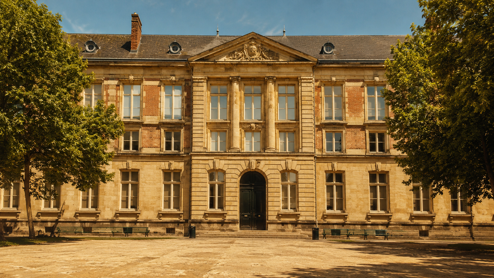 La façade d'un lycée français sous un ciel d'été écrasant, fenêtres fermées renvoyant le soleil