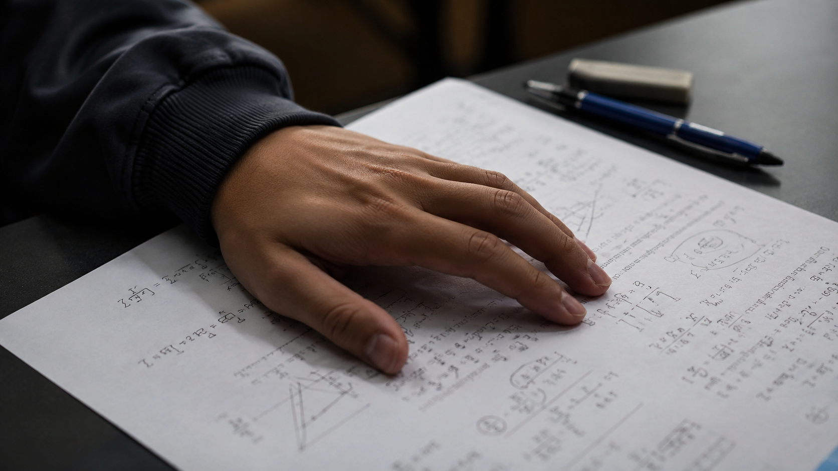 Une main couvre une copie d'examen d'équations de physique-chimie