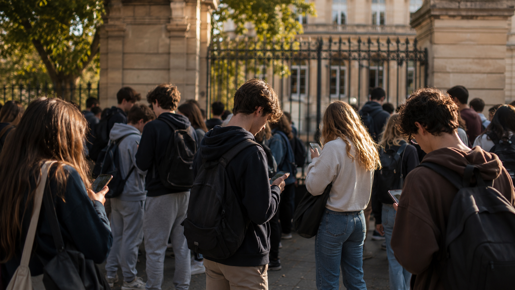 Des adolescents rassemblés devant un lycée consultent leurs téléphones