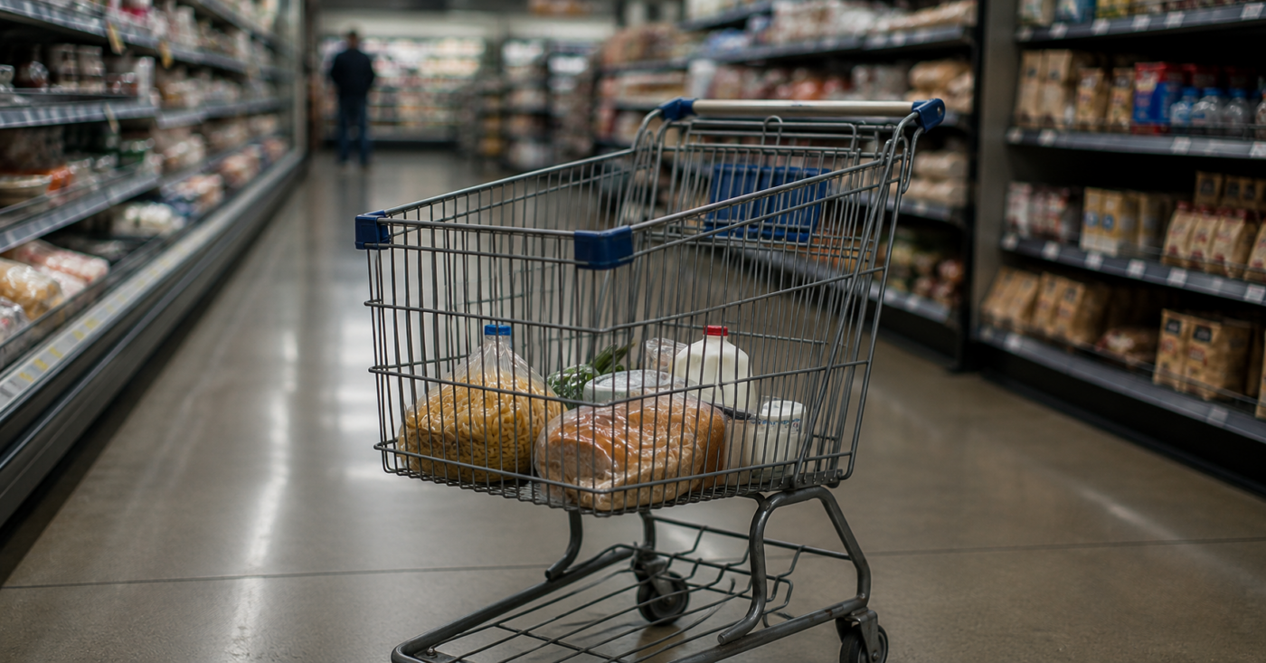 Un caddie de supermarché à moitié vide dans une allée de magasin