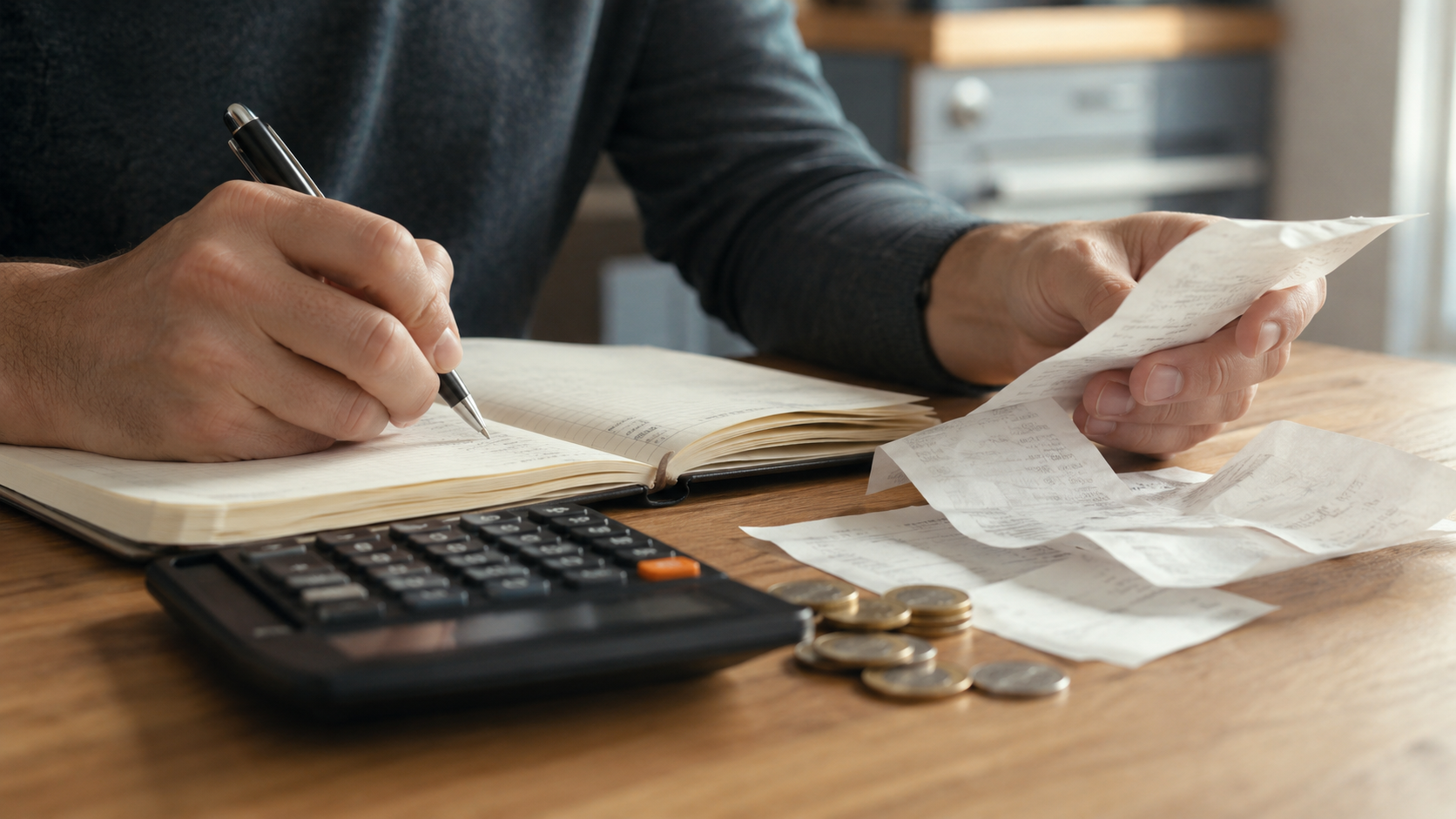 Une table de cuisine avec un carnet de comptes, une calculatrice et quelques pièces