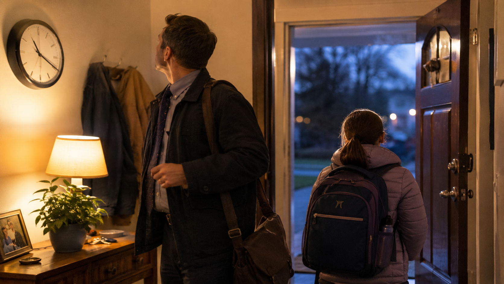 Un parent en tenue de travail regarde l'horloge, un enfant de dos attend avec son cartable près de la porte