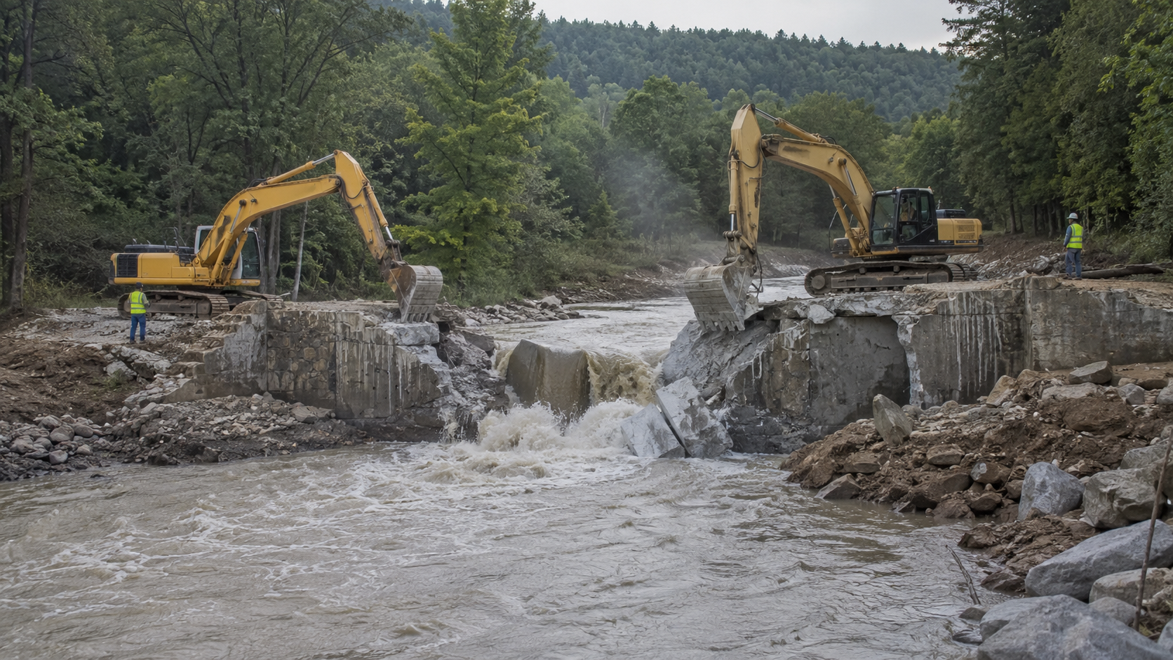 Chantier de demolition d'un petit barrage sur une riviere en Europe du Nord
