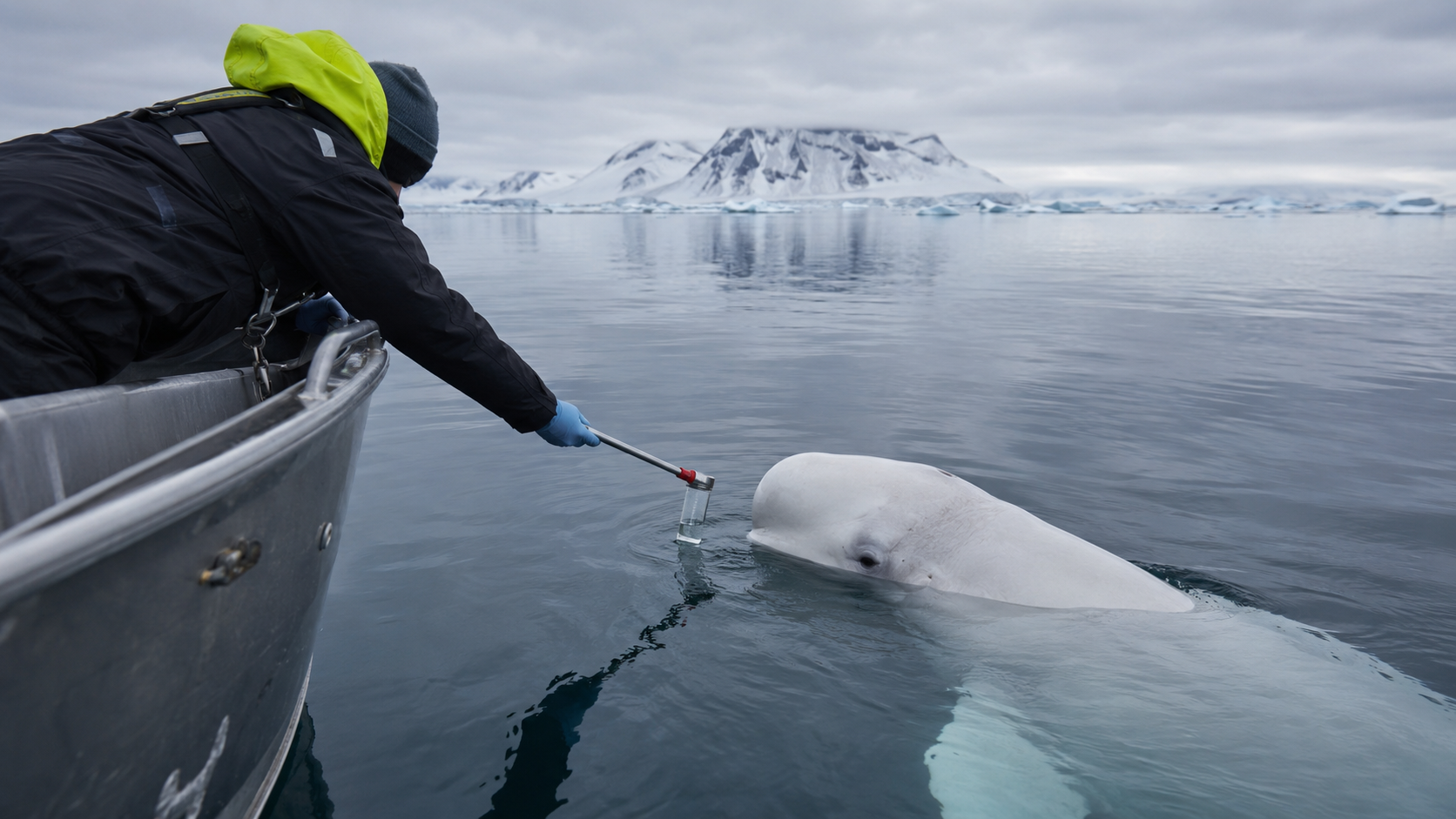 Biologiste marin prélevant un échantillon de tissu sur un béluga depuis un bateau de recherche