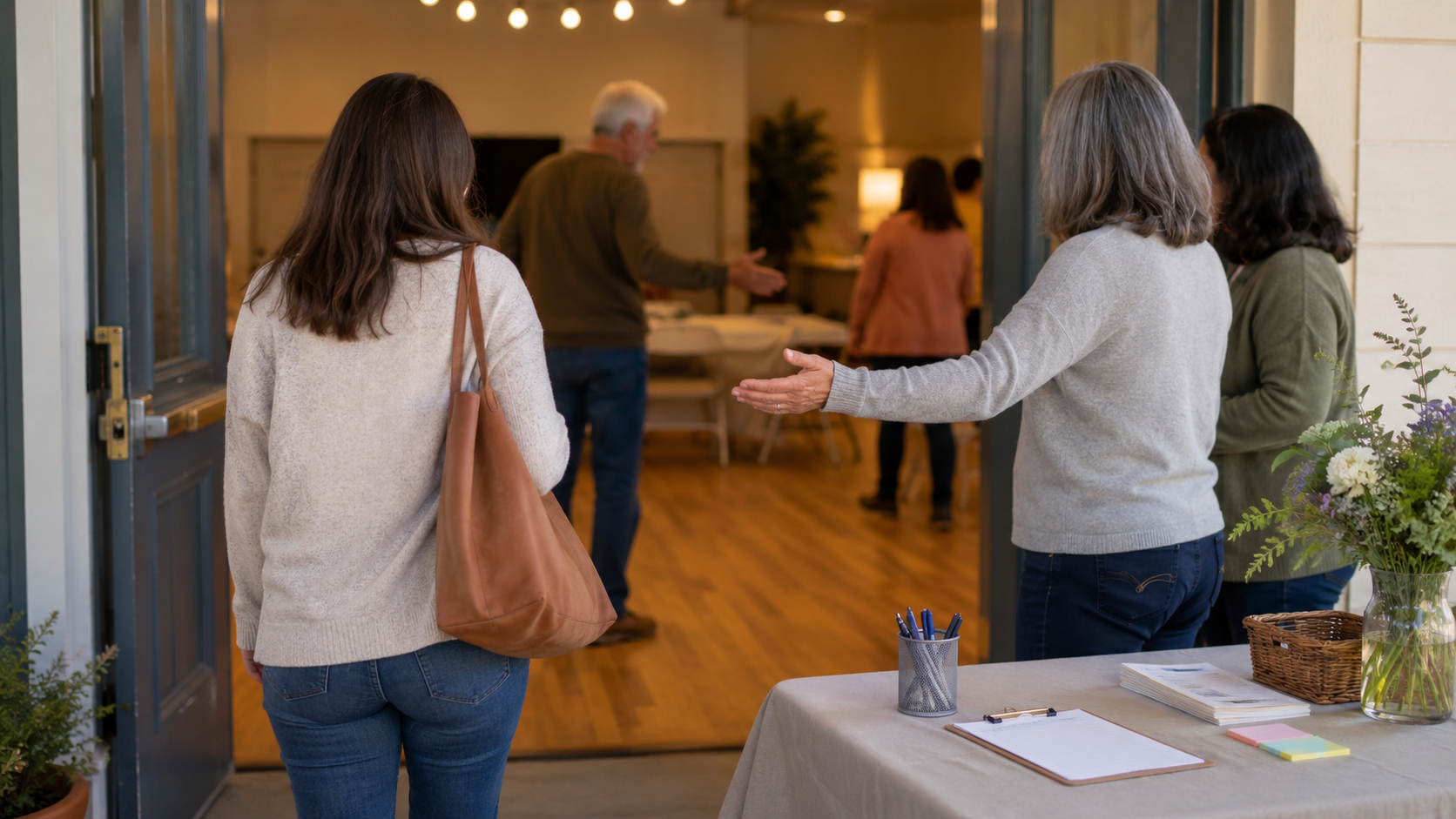 Des bénévoles accueillent un nouvel arrivant à l'entrée d'un local associatif