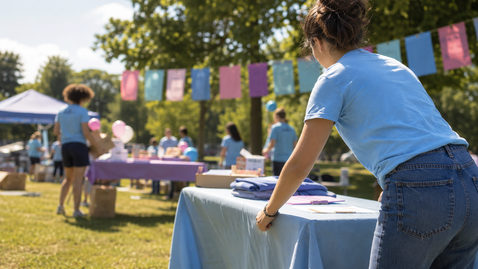 Un jeune bénévole installe un stand lors d'un événement caritatif d'été en plein air