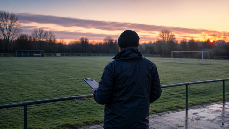 Un bénévole vu de dos au bord d'un terrain de foot amateur au lever du jour